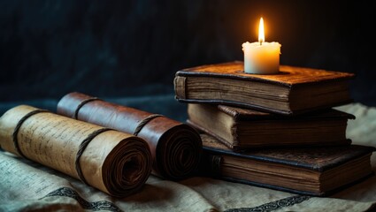 Grunge aged, dirty, rough, rustic brown, open psalm, pray law paper page archive stack on a dark black wooden desk. New culture, God, gospel, literary art in a still life concept.