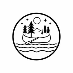 Fototapeta premium Minimalist Outdoor Scene Canoe Pine Trees Mountains Full Moon Nature Illustration Wilderness Adventure Camping Logo Design