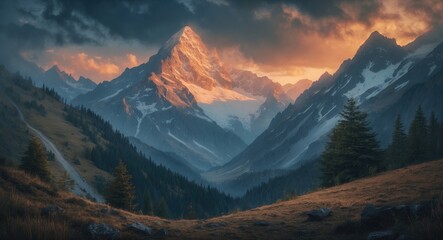 Obraz premium Background for a painting of a mountain with natural surroundings.