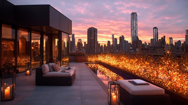 Luxury rooftop evening lounge with city view new york photography urban environment scenic angle relaxation concept
