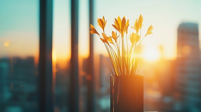 Sunset glow over blossoming flowers in a modern cityscape indoor decor warm atmosphere inspirational view