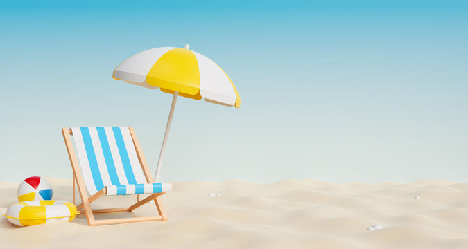 beach chair, ball, umbella and rubber ring on beach and blue sky background with copy space, vacation and travel concept, 3d render 