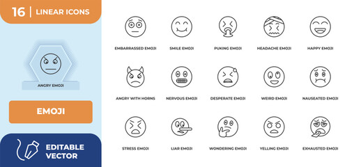 outline icons set - emoji concept. angry emoji, embarrassed emoji and more.