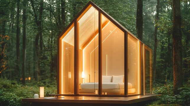 Cozy minimalist cabin retreat enchanted forest architectural photography serene environment close-up nature escape