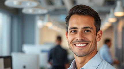 Obraz premium potrait male employee smiling with blurred background of workspace 