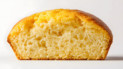 Close-Up Macro Shot of Freshly Baked Yellow Cake with Textural Detail on White Background