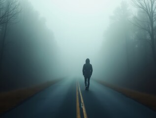 Lonely Person Walking on Foggy Road into the Unknown