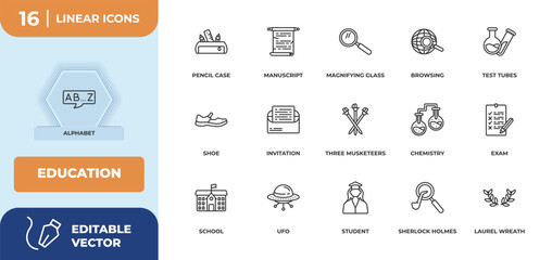 outline icons set - education concept. alphabet, pencil case and more.