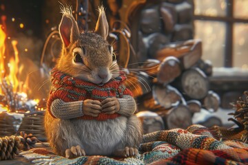 A cozy rabbit in a knitted sweater, sitting by the warm fireplace surrounded by rustic decor and festive ambiance.