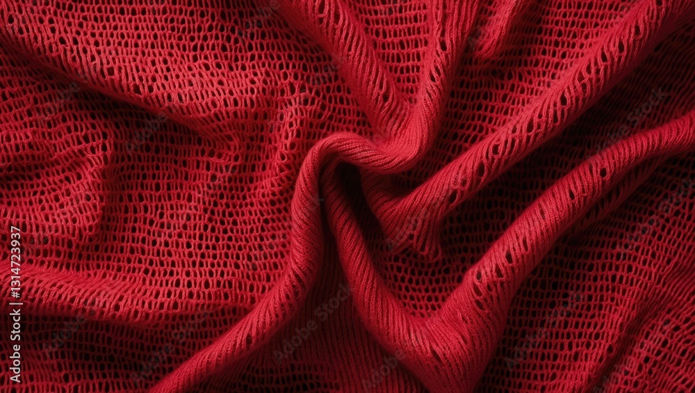 Poster Close-up view of a background featuring knitted wool fabric with a dot pattern. Bright red crumpled knitting wool texture. Openwork abstract knitted jersey fabric as an abstract backdrop.