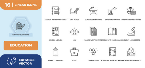 outline icons set - education concept. written clipboard, agenda with bookmarks and more.