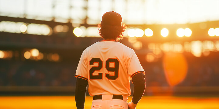 back view of a baseball player standing on field at sunset - baseball concept
