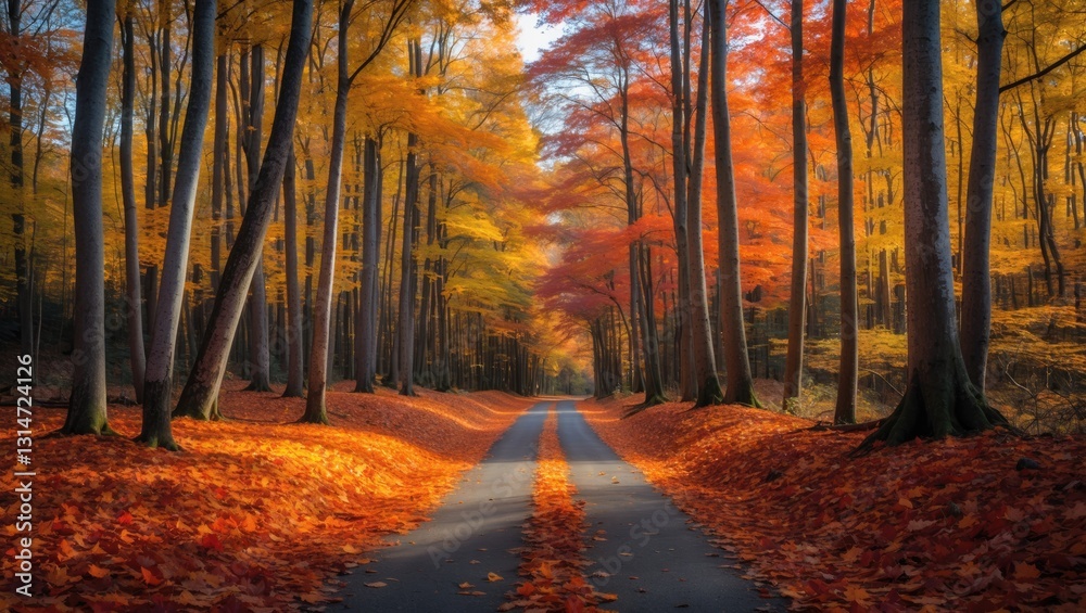 Poster autumn road through a forest with a background of leaves.