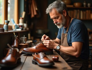 Shoemaker Lacing Elegant Leather Shoes in his Cozy Workshop