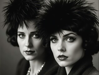 Fototapeta premium Two flapper women posing with feather headdresses in 1920s style portrait