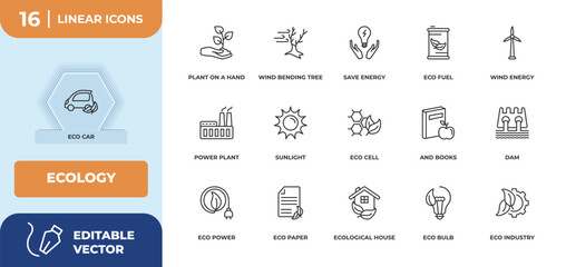 outline icons set - ecology concept. eco car, plant on a hand and more.