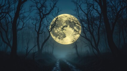 Fototapeta premium eerie forest at night with full moon