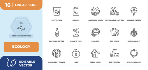outline icons set - ecology concept. green energy source, recycle bin and more.