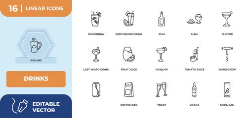 outline icons set - drinks concept. boiling, caipirinha and more.