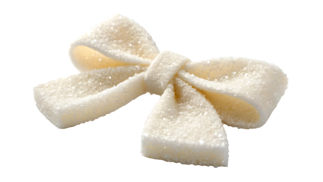 A voluminous bow with a sparkling sugar texture, neatly tied with soft curves.