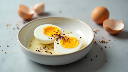 Traditional Asian breakfast featuring half-boiled eggs served with soy sauce and pepper.