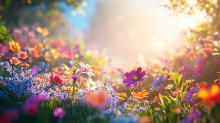 Obraz premium Beautiful colorful wild flowers in deep foggy forest with sun light in Spring.
