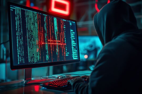 Mysterious man in hoodie hacks system at desk with glowing monitor, abstract digital data stream for cyber attack, information technology, programming, security and privacy concept - Powered by Adobe