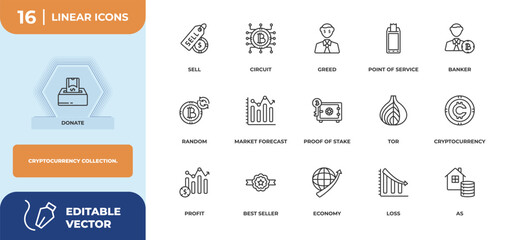 outline icons set - cryptocurrency collection. concept. donate, sell and more.