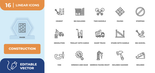Naklejka premium outline icons set - construction concept. paver, cement and more.