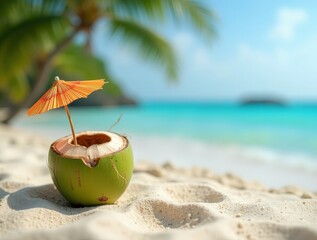 Green coconut with small umbrella resting on tropical beach sand