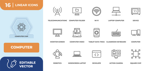 Naklejka premium outline icons set - computer concept. computer chip, telecommunications and more.