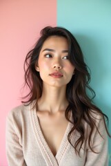 Fototapeta premium Young asian woman thinking and looking up on pastel background
