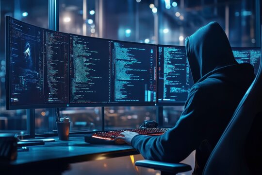 Man in hoodie coding on multi monitors setup at night. Hacker working on computer, data breach threat. Cyber security for personal data protection concept