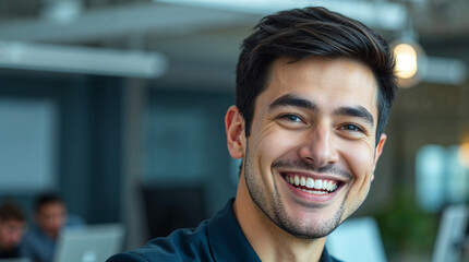 Obraz premium potrait male employee smiling with blurred background of workspace 