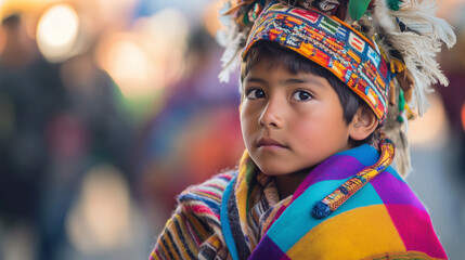 Fototapeta premium A photo of a young Quechua boy wearing a traditional poncho and headdress, watching the Inti Raymi Festival with admiration