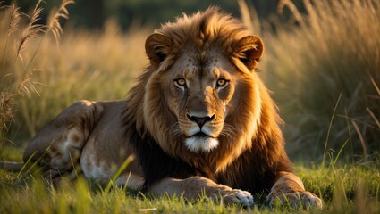 Obraz premium An adult male lion is lounging in vibrant grass, gazing directly at the observer with a confident stare.