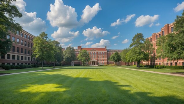 Grassy campus quad courtyard featuring several historic buildings in the background, expansive meadow front yard college green space beneath a sunny summer cloud blue sky, education, landscaping co...
