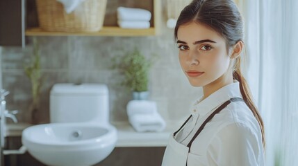 Woman in white apron cleaning toilet