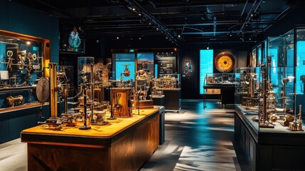 Displayed scientific instruments and equipment within a spacious exhibition room