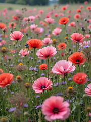 Fototapeta premium A meadow with many poppy blossoms (papaver) and capsules slowly swinging back and forth in the wind