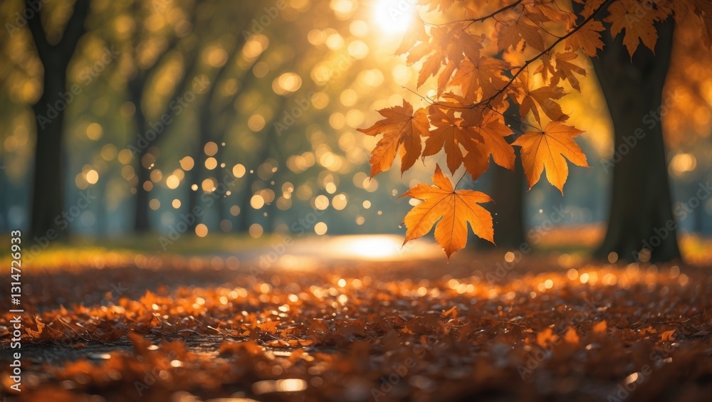 Poster autumn leaves illuminated by the sun with trees in the background blurred.