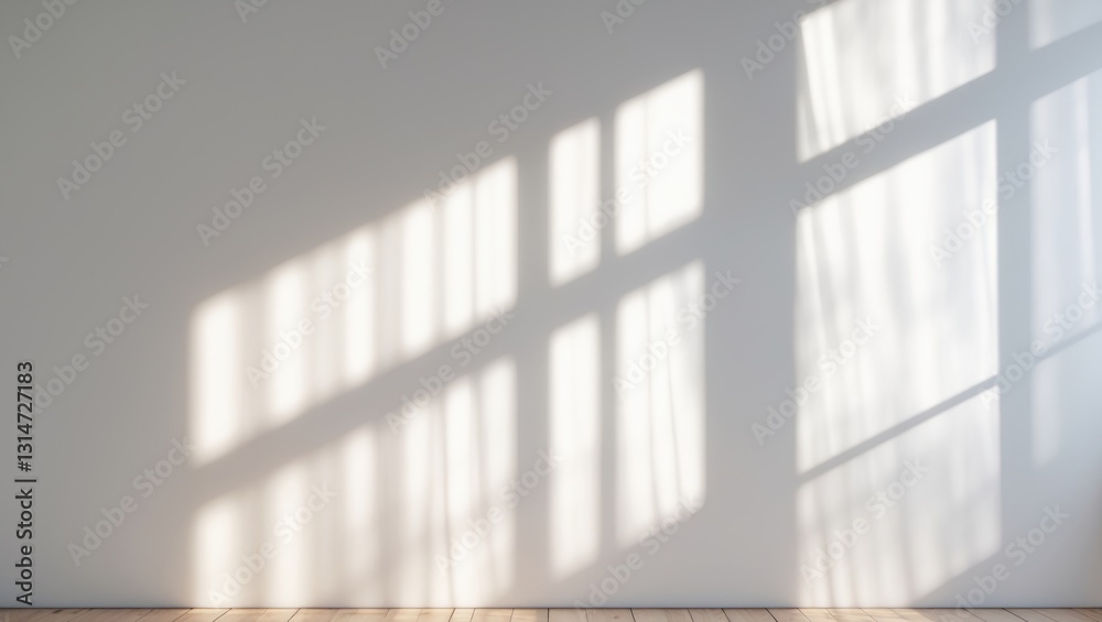 Poster Overlay effect for photographs and mockups. Organic drop diagonal shadow and rays of light from a window onto a white wall. Shadows for effects of natural light.