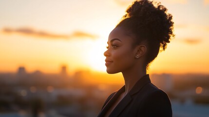 Fototapeta premium confident African woman in power suit on rooftop lounge at sunset
