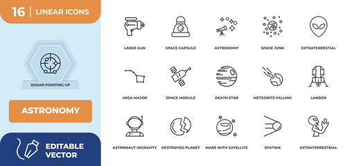 outline icons set - astronomy concept. radar pointing up, laser gun and more. © IconArt