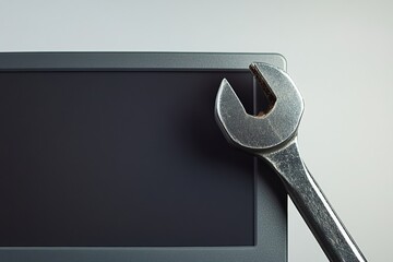 Computer repair icon with wrench and nut overlay and space for text design suitable for service advertisements and technical support communications