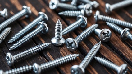 Screws in close-up view against a wooden background