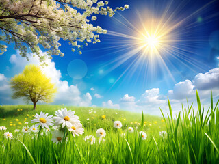 Fototapeta premium Spring or summer season. abstract nature background. Grass blue sky sunset and cherry blossom background.