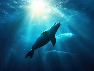 Naklejka premium Vivid schools of fish dance beneath serene polar waters with a tranquil seal gliding gracefully. Generative AI