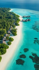 Obraz premium Aerial view of a tropical beach, pristine white sandy beach meeting crystal clear water, with bungalow