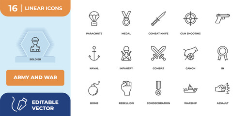 outline icons set - army and war concept. soldier, parachute and more.